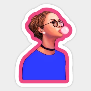 Hipster girl blowing a big bubble gum bubble. Sticker